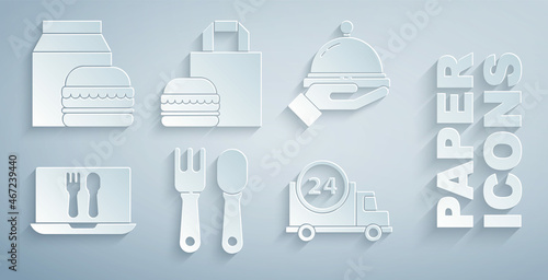 Set Fork and spoon, Covered with tray of food, Online ordering delivery, Fast by car, burger and icon. Vector