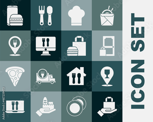 Set Online ordering and delivery, Alcohol beer bar location, Chef hat, Cafe restaurant, and burger icon. Vector