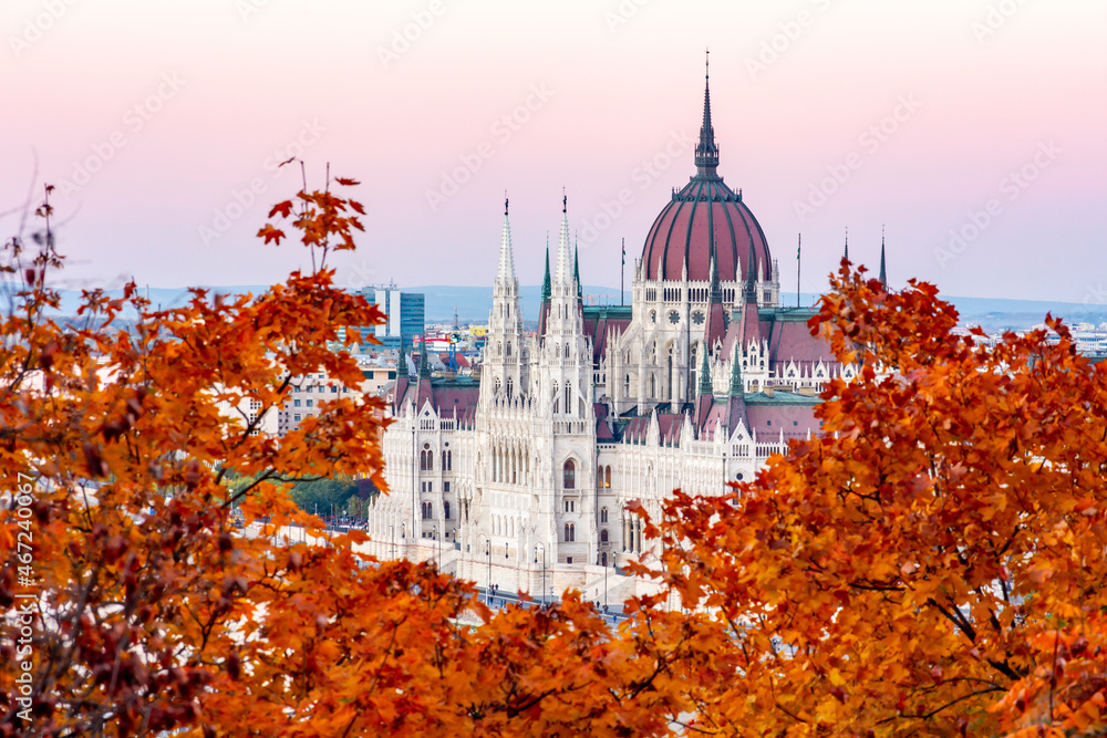 Hungarian parliament building in autumn at sunset, Budapest, Hungary