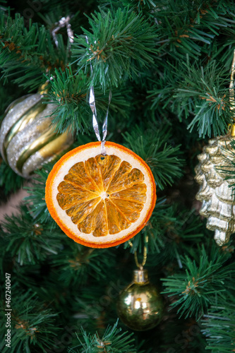 The Christmas tree is decorated with toys. Orange slices hang on a branch of a Christmas tree on Christmas Eve.