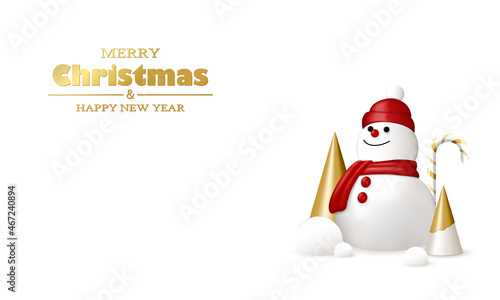Merry Christmas and Happy New Year background. White and gold 3D objects. Christmas tree, candy, snowballs and snowman.