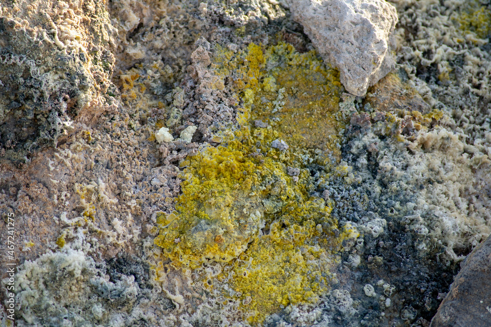 Landscape of yellow sulfur covered rocks at Mt. Námafjall Fumaroles Diamond Circle Iceland