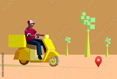 low polygonal delivery hipster boy on a yellow scooter against the background of a beige desert with low poly trees. Food delivery ads mock-up. Mobile application concept.