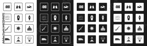 Set Military jeep, Coffin with cross, Barbed wire, Dynamite and timer clock, Human target sport for shooting, Binoculars, Stop war and Sniper rifle scope icon. Vector