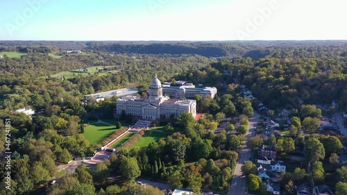 Aerial establishing shot of the Kentucky state capitol building in Frankfort, Kentucky. photo