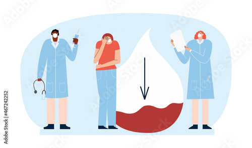 Low blood sugar concept, hypoglycemia. Doctors wearing medical masks diagnose a woman with a symptom of diabetes. Vector illustration in flat style