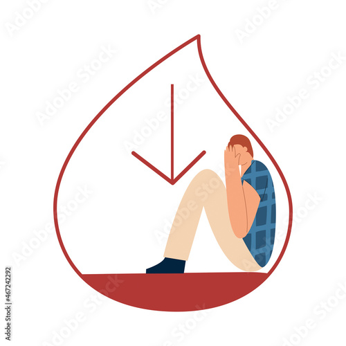 The person suffers from hypoglycemia. Low blood sugar. Vector illustration in flat style