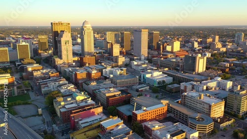 Aerial establishing shot of the downtown business district of Louisville, Kentucky. photo