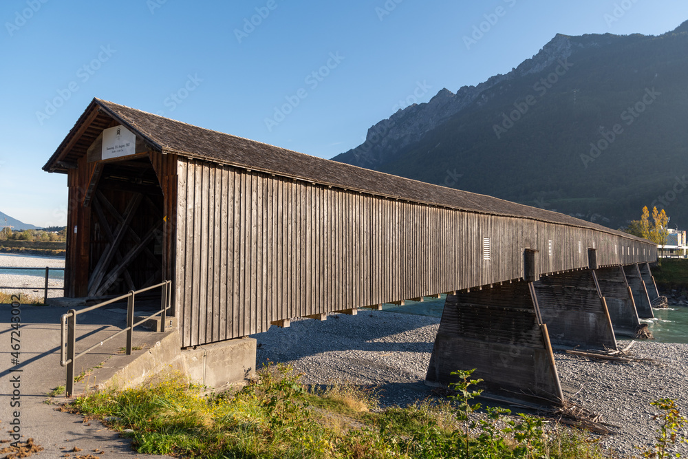 Sevelen, Switzerland, October 11, 2021 Old bridge over the rhine river Sevelen, Switzerland, October 11, 2021 Old bridge over the rhine river