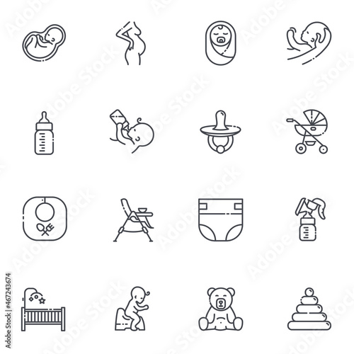 Set of vector childhood and pregnancy line icons isolated