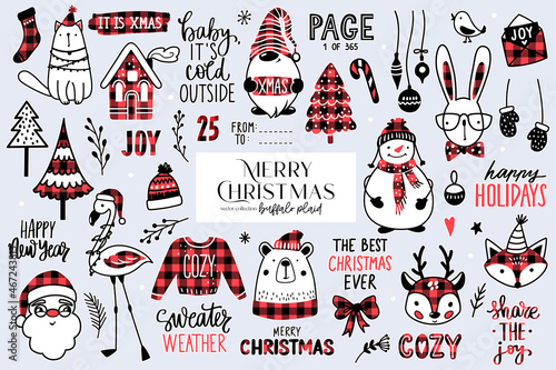 Christmas doodle animals set. Buffalo plaid collection with Santa, xmas bear, deer, snowman, gnome and flamingo.