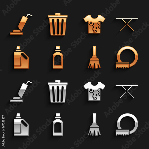 Set Bottle for cleaning agent, Ironing board, Washing dishes, Feather broom, Dirty t-shirt, Vacuum cleaner and Trash can icon. Vector
