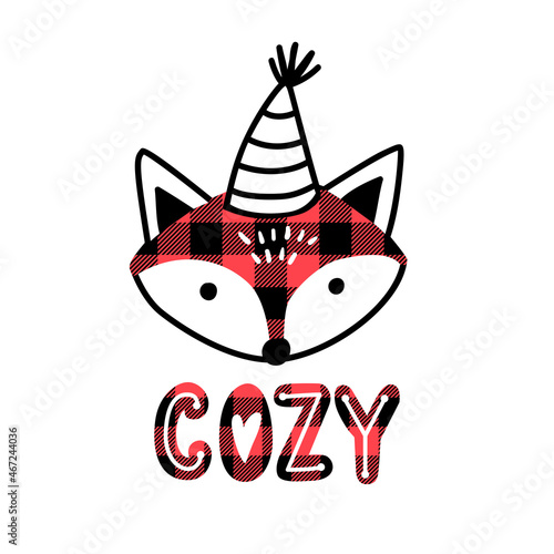 Cute Christmas Fox illustration. Cozy lettering, buffalo plaid pattern. Doodle animals character.