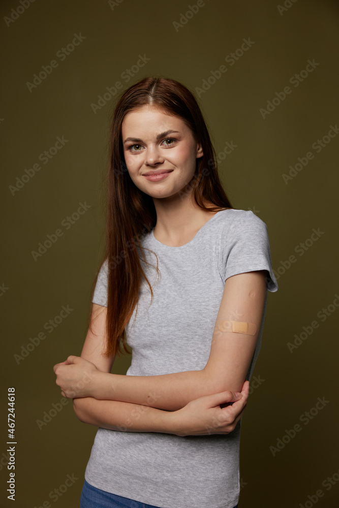 pretty woman with hand vaccinated covid-19 passport health pretty woman with hand vaccinated covid-19 passport health