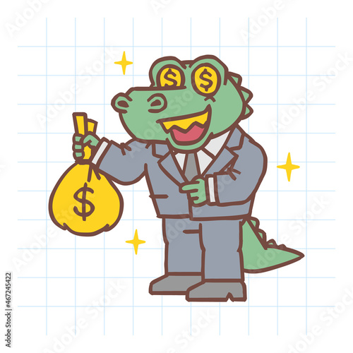 Alligator holding money bag and smiles. Hand drawn character