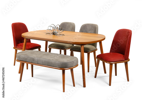 modern dining table and chairs isolated on white background 