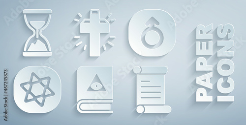 Set Ancient magic book, Mars, Tarot cards, Decree, parchment, scroll, Christian cross and Old hourglass with sand icon. Vector