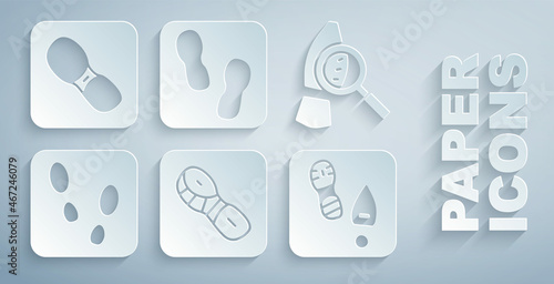 Set Human footprints shoes, Magnifying glass with footsteps, and icon. Vector