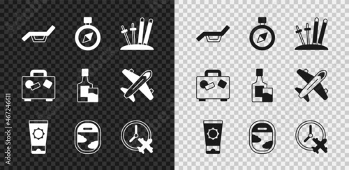 Set Sunbed and umbrella, Compass, Ski sticks, Sunscreen cream in tube, Airplane window, Clock with airplane, Suitcase and Whiskey bottle glass icon. Vector