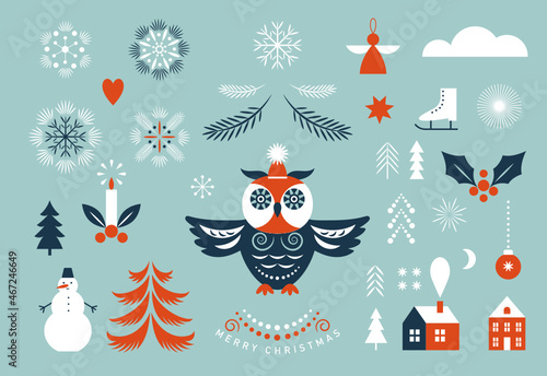 Set of Christmas illustrations, design elements.  Vector collection of xmas elements