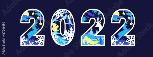 Happy New Year 2022 numbers design. Laser cut template with deer, fox, winter landscape, squirrel, snowflakes, stars. Cover for diary. Vector illustration.