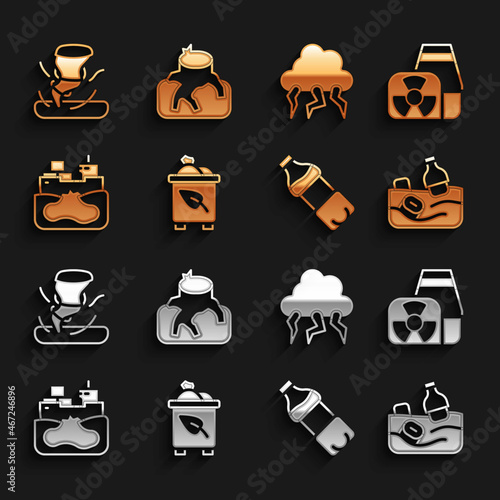 Set Recycle bin with recycle, Nuclear power plant, Problem pollution of the ocean, Bottle water, Wrecked oil tanker ship, Storm, Tornado and Deforestation icon. Vector