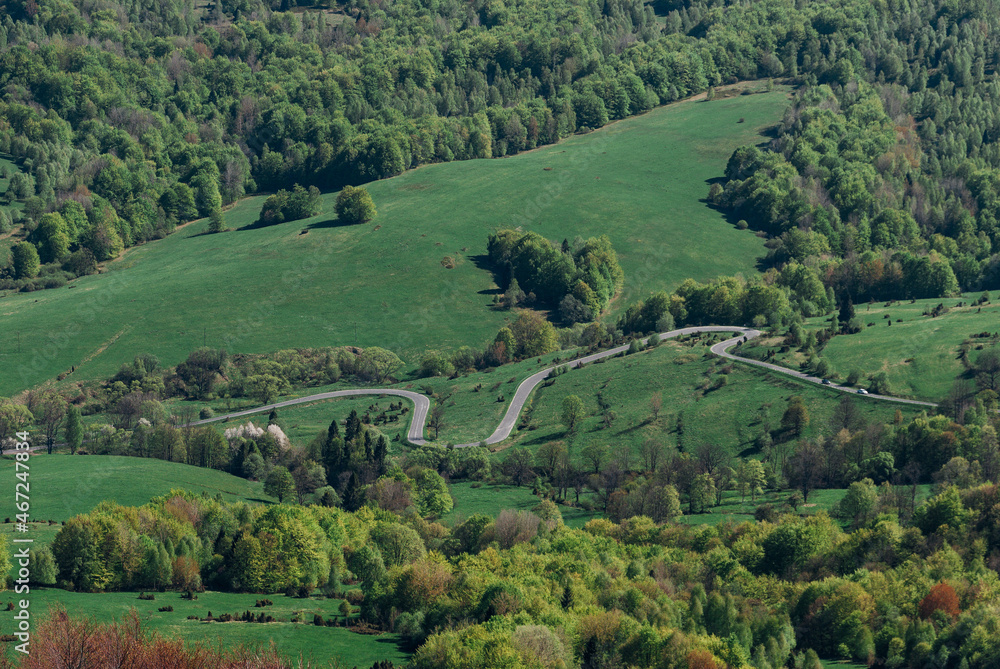 A winding road among fields and forests, Bieszczady Mountains, Poland