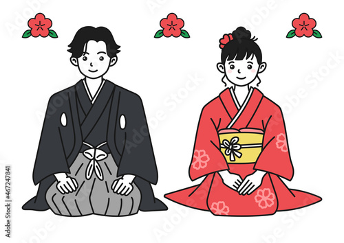着物を着た男女の全身イラスト素材　お正月や結婚式/成人式など晴れの日の和装