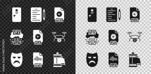 Set Backstage, Scenario, MOV file document, Drama theatrical mask, MP3, Camera roll cartridge, VFX and FLV icon. Vector