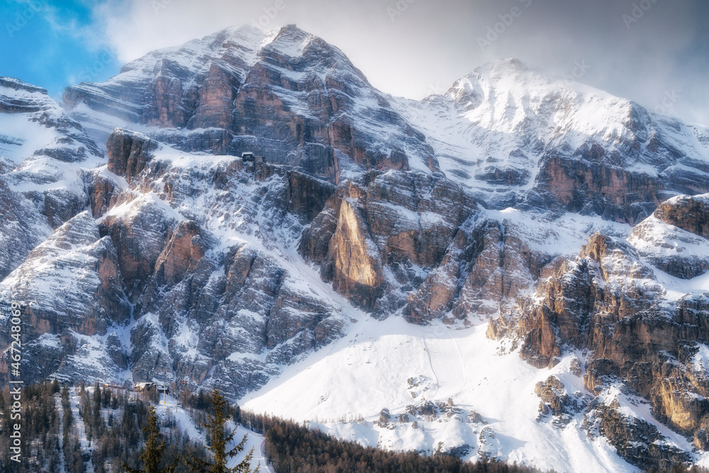 The slopes of the Tofana Massif, Dolomites, Cortina d'Ampezzo region. One of the ski areas of the world's largest ski resort Dolomiti Superski. Winter in the mountains.