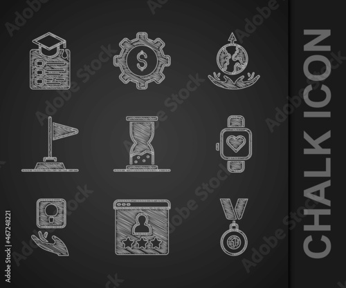 Set Old hourglass with sand, Customer product rating, Medal, Smart watch, Light bulb, Flag, World expansion and Online education icon. Vector