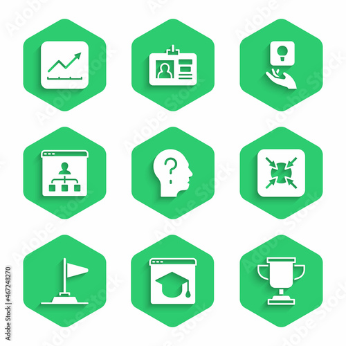 Set Head with question mark, Online education, Award cup, Target, Flag, Light bulb and Financial growth increase icon. Vector