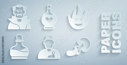 Set Wizard warlock, Fire flame, Bottle with potion, Psilocybin mushroom, love and Vampire icon. Vector