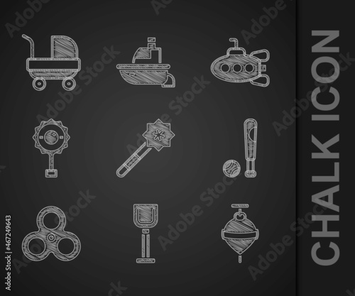 Set Magic wand, Shovel toy, Whirligig, Baseball bat with ball, Fidget spinner, Rattle baby, Submarine and Baby stroller icon. Vector