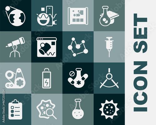 Set Virus, Drawing compass, Syringe, Graphing paper for engineering, Data visualisation, Telescope, Earth globe and Chemical formula icon. Vector