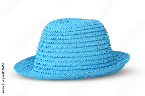 Vintage blue straw beach sun hat isolated on white background and sun protection