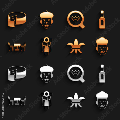 Set Scooter, Champagne bottle, Cook, Fleur De Lys, French cafe, Coffee cup, Cheese and mime icon. Vector
