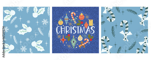 Set of Christmas vintage covers for congratulations.Template with lollipop, holly, toys and gifts. Vector illustration.