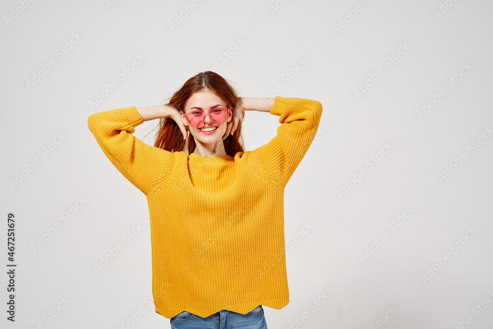 pretty woman in a yellow sweater hairstyle fashion glasses pretty woman in a yellow sweater hairstyle fashion glasses