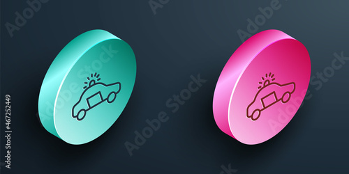 Isometric line Police car and police flasher icon isolated on black background. Emergency flashing siren. Turquoise and pink circle button. Vector