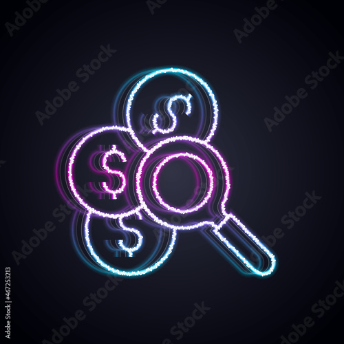 Glowing neon line Search for money icon isolated on black background. Vector