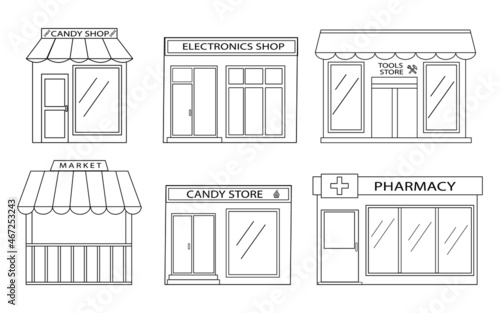 Icons of city store buildings. Vector doodle illustration