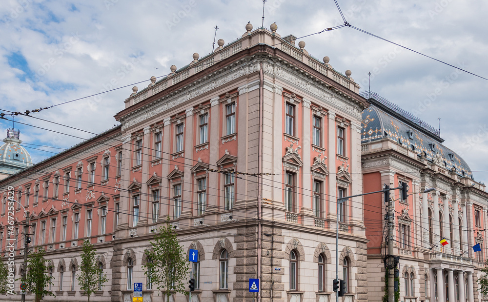 Obraz premium Corner of Palace of Justice - Court of Appeal and Tribunal in Cluj Napoca city, Romania