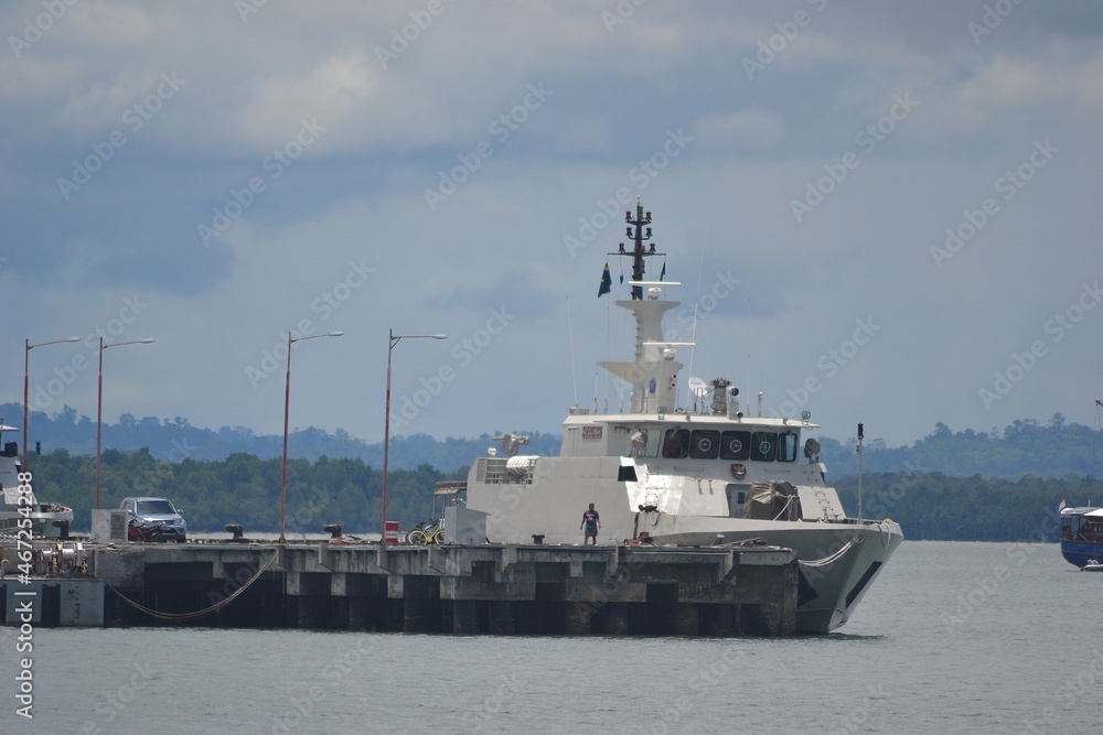 Sorong, West Papua, Indonesia, September 16th 2021. Military Navy Patrol Boat is mooring at Marine Dock.