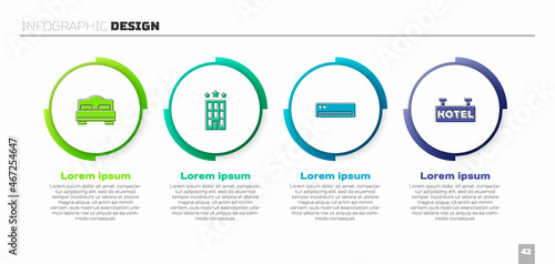 Set Hotel room bed, building, Air conditioner and Signboard with text. Business infographic template. Vector