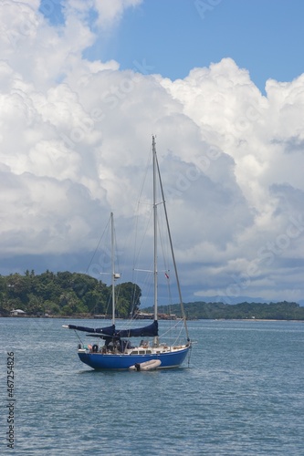 Sorong, West Papua, Indonesia, September 16th 2021. A beautiful little yacht is mooring at the sea. Raja Ampat tourism purpose.