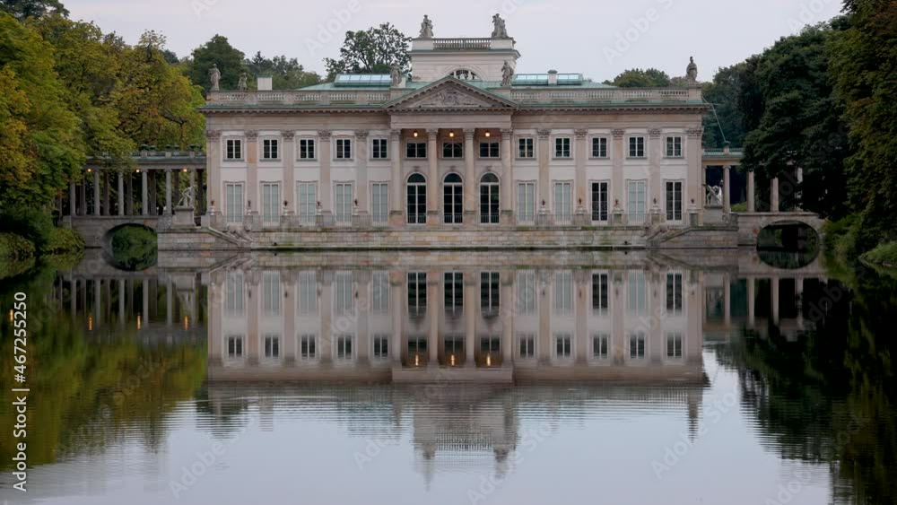 Palace on the Water in Royal Baths Park, Lazienki Park, one of the most famous parks in Warsaw, Poland, 4k Palace on the Water in Royal Baths Park, Lazienki Park, one of the most famous parks in Warsaw, Poland, 4k