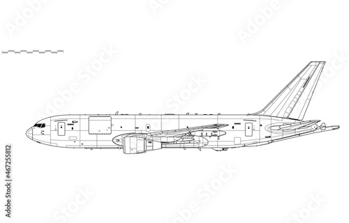 Boeing KC-46 Pegasus. Vector drawing of aerial refueling tanker and transport aircraft. Side view. Image for illustration and infographics.