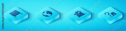 Set Isometric Trash can, Global economic crisis, House with question mark and Homeless cardboard house icon. Vector