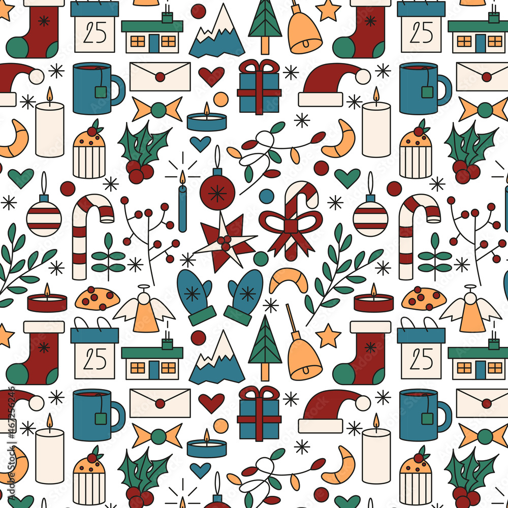 Christmas seamless pattern colored. candy cane, star, pine tree, house, baubles, plant, mistletoe, gloves, bell, sock, santa hat, cookie, angel, candle, cake, muffin, gift, calender, cup of tea Christmas seamless pattern colored. candy cane, star, pine tree, house, baubles, plant, mistletoe, gloves, bell, sock, santa hat, cookie, angel, candle, cake, muffin, gift, calender, cup of tea